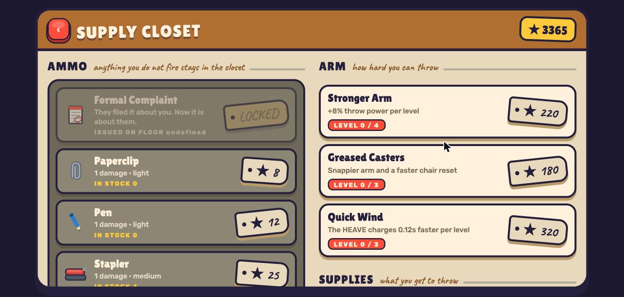 The supply closet screen, showing ammo to buy and arm upgrades
