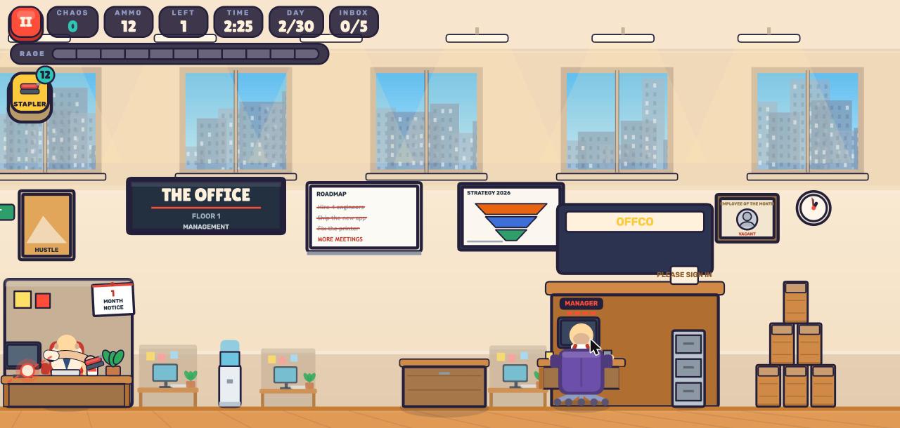 Floor 1, Management: the player seated at his desk on the left, the manager's office on the right
